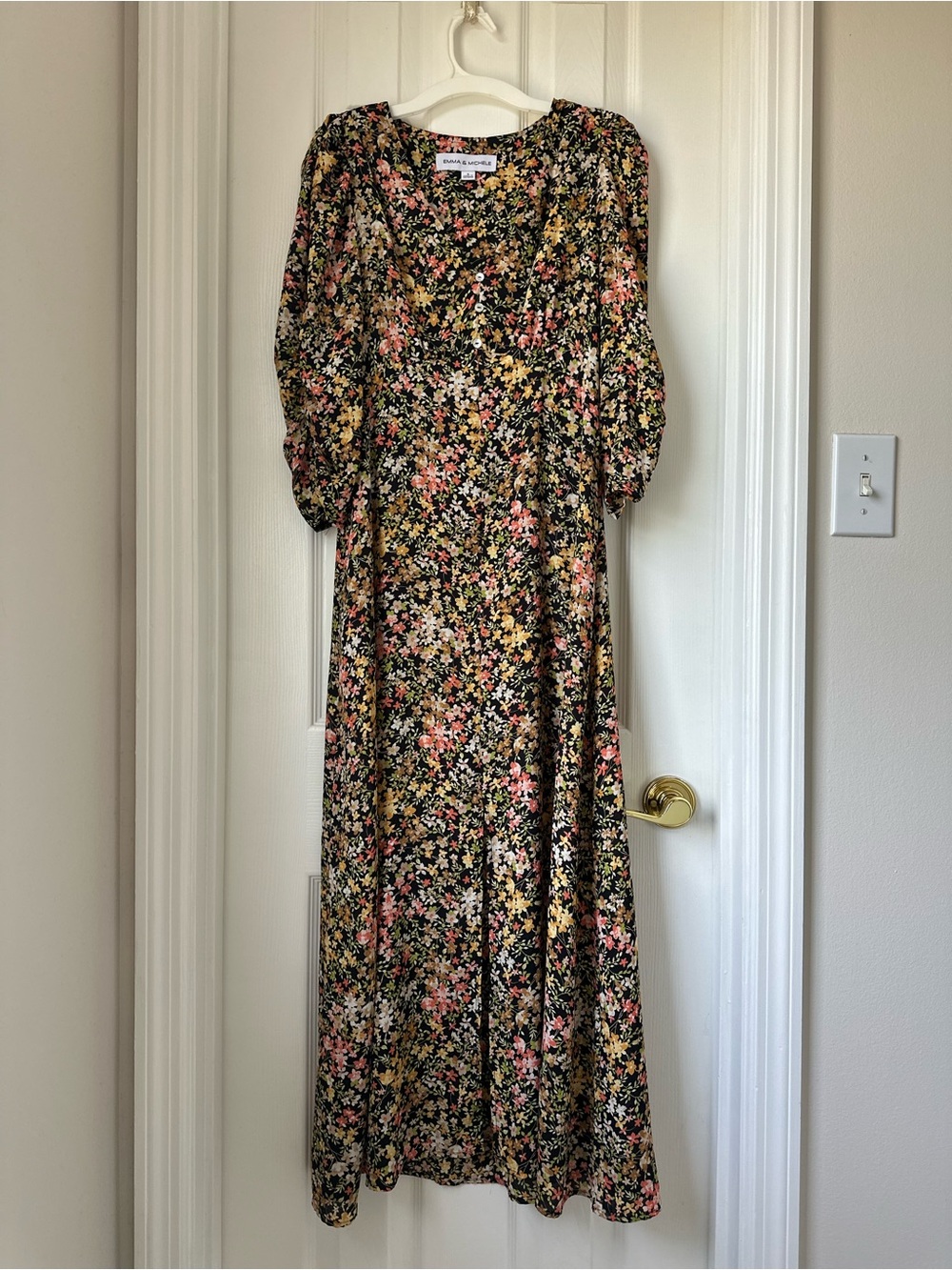 Emma & Michele Black Floral Puff-Sleeve Maxi Dress